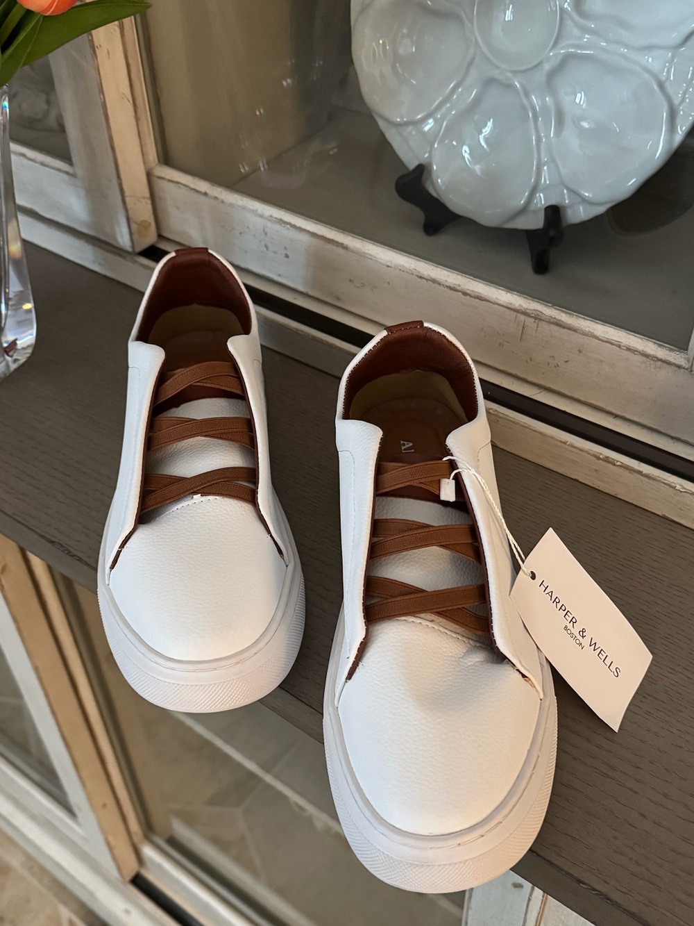 Harper & Wells Boston White Slip-On Sneakers with Brown Elastic Straps